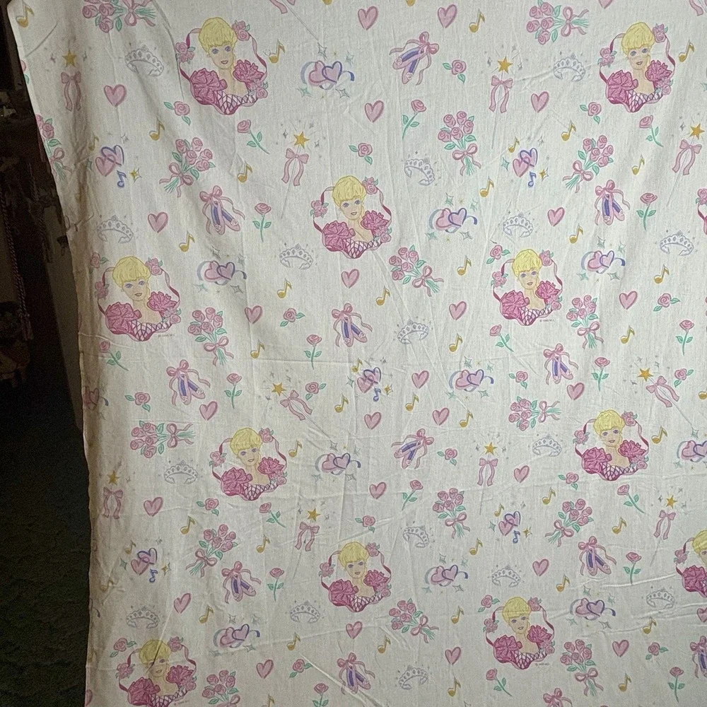 Barbie Twin Size Flat Sheet Skirt Curtain Panels Pillowcase VTG 1995
